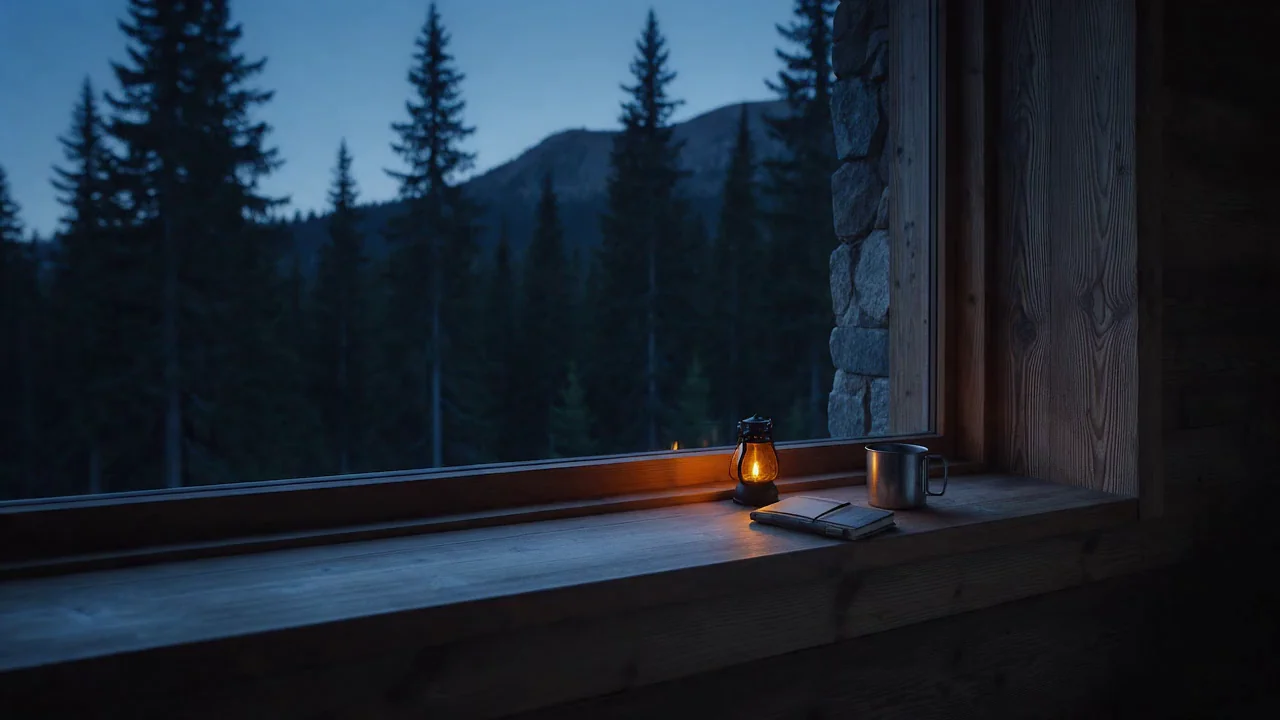 Illustrative cabin window with a lantern and notebook