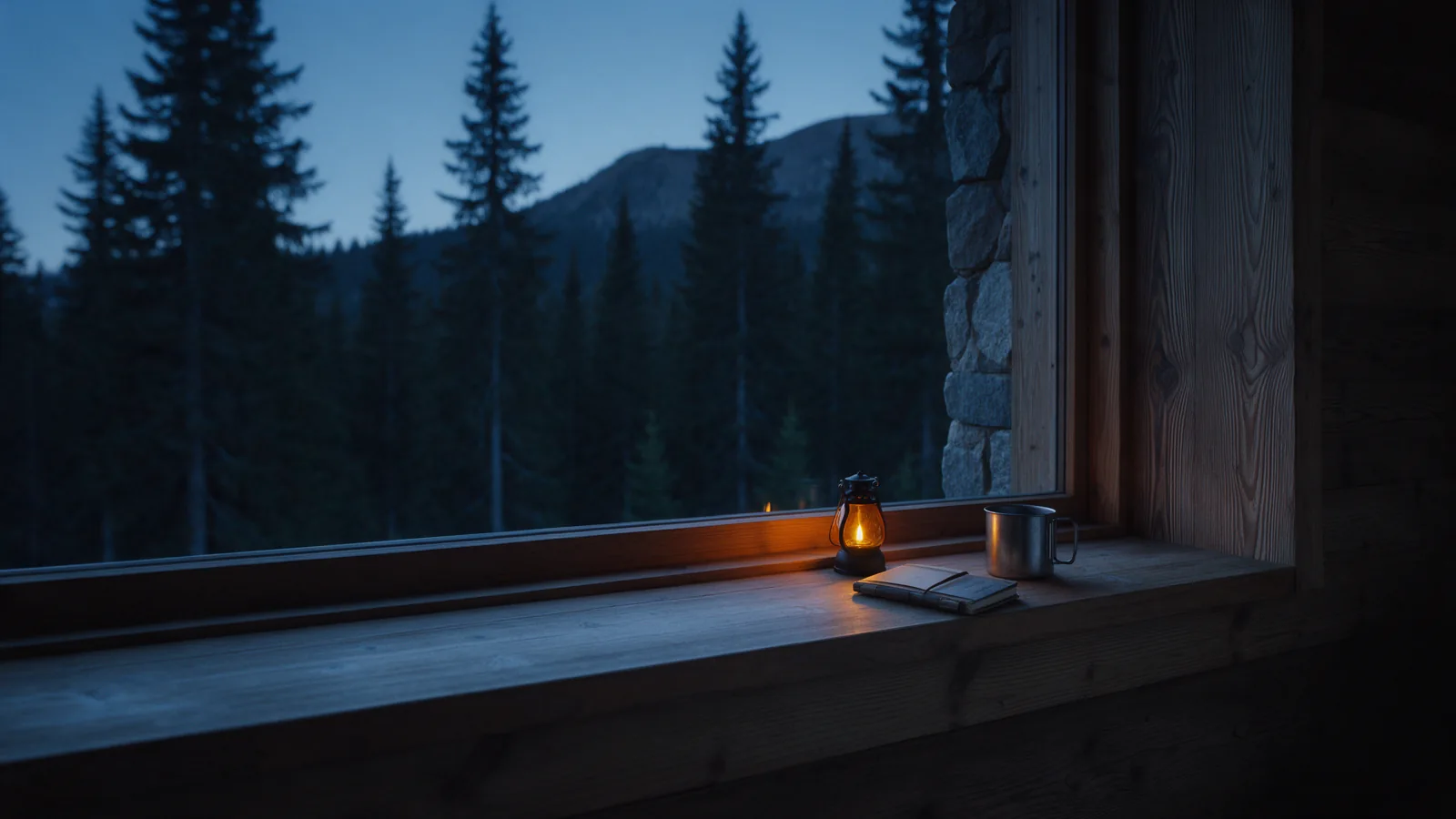 Illustrative cabin window with a lantern and notebook