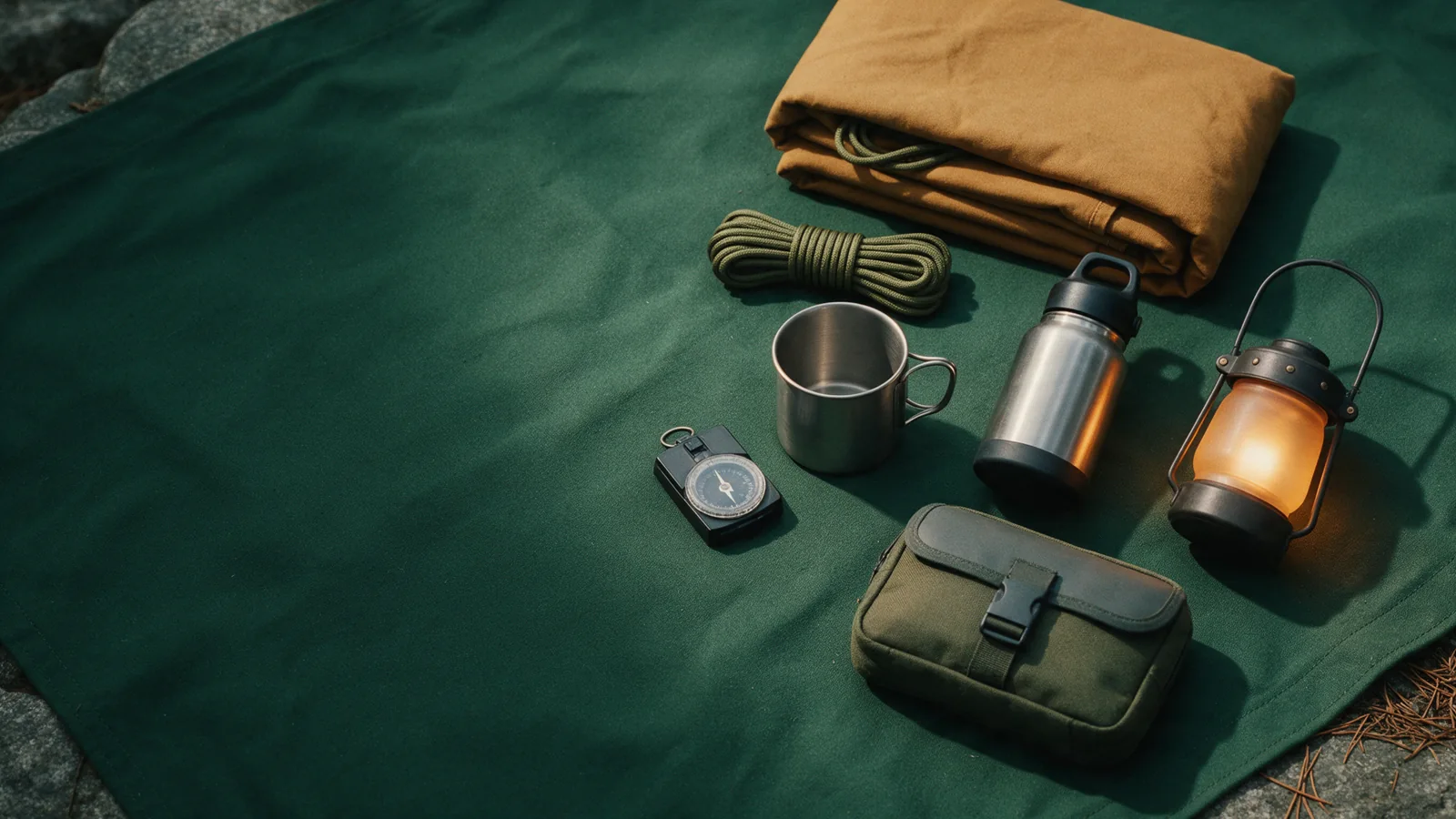 Illustrative preparedness equipment arranged on forest green canvas