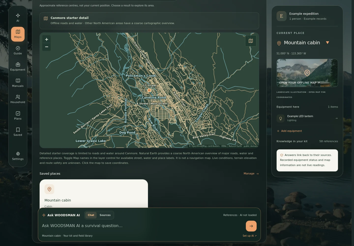 Woodsman AI offline maps with genuine place labels and saved coordinates