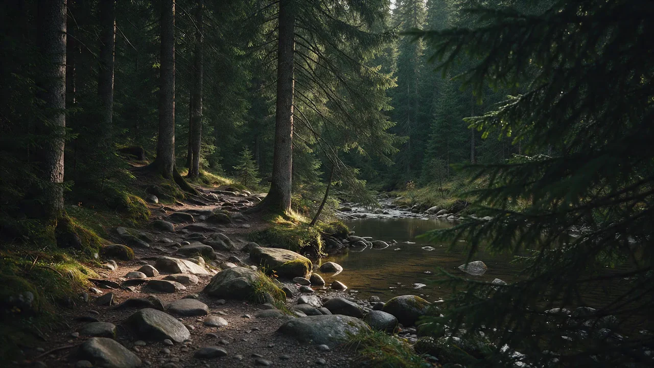 Illustrative forest trail beside a stream